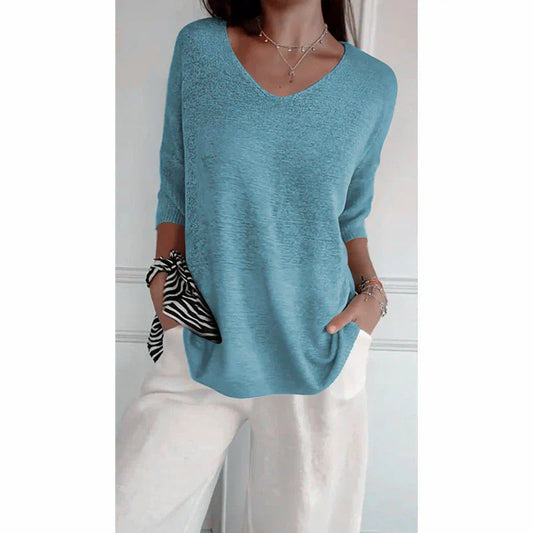 🔥👚Jednokolorowy dzianinowy top z dekoltem w serek